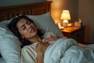 Femme adulte souffrant de quintes de toux nocturnes dans son lit, main sur la gorge, verre d'eau sur la table de nuit