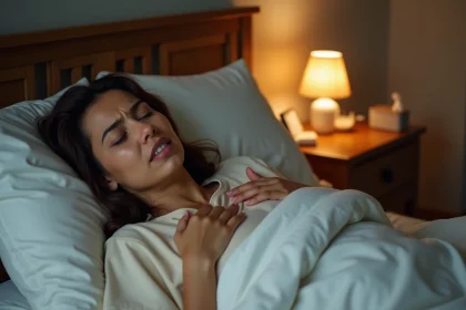 Femme adulte souffrant de quintes de toux nocturnes dans son lit, main sur la gorge, verre d'eau sur la table de nuit