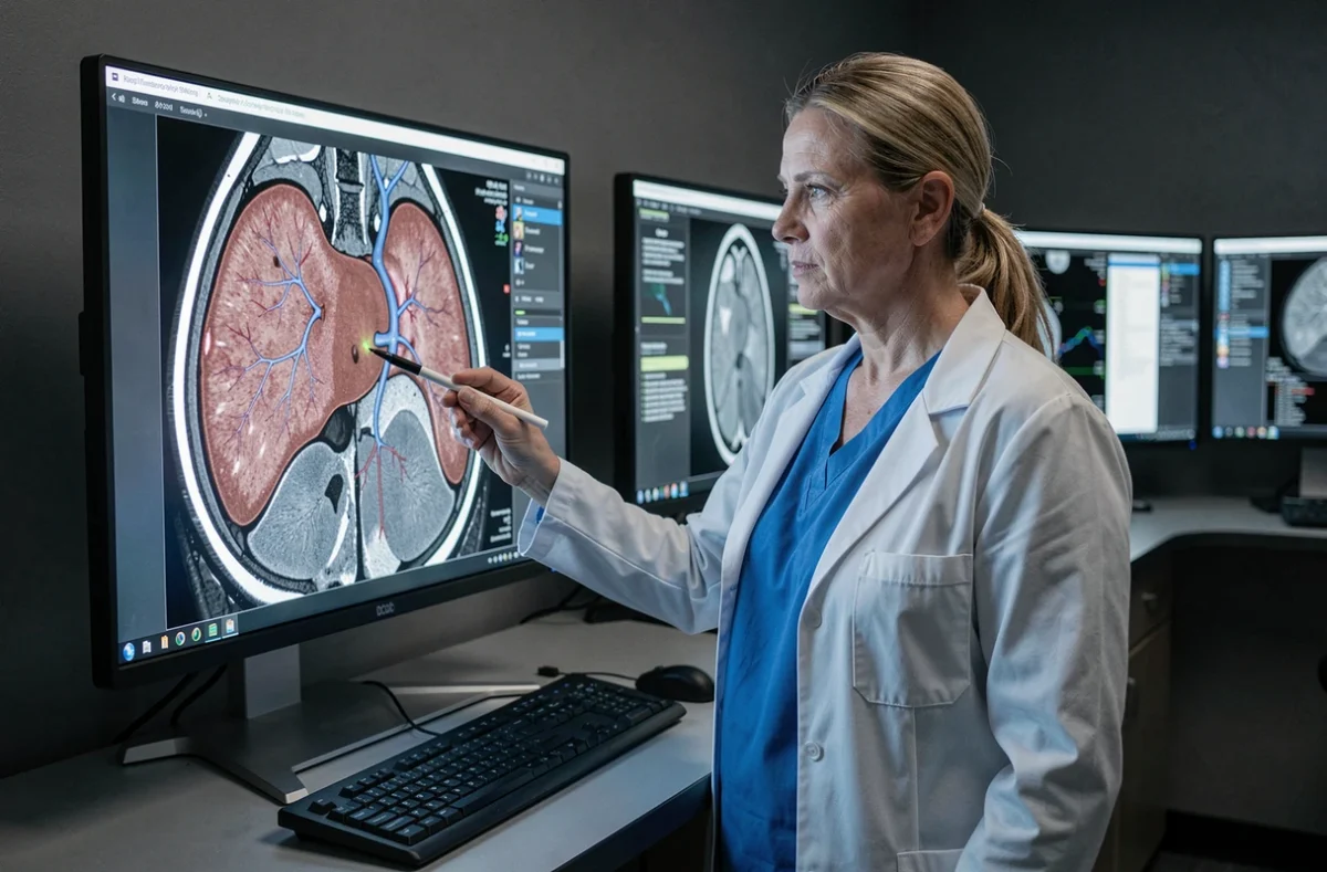 Radiologue examinant une IRM abdominale pour différencier cholestase bénigne et maligne