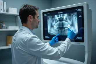 Radiologue examinant une radiographie panoramique dentaire pour diagnostiquer un cancer de la mâchoire