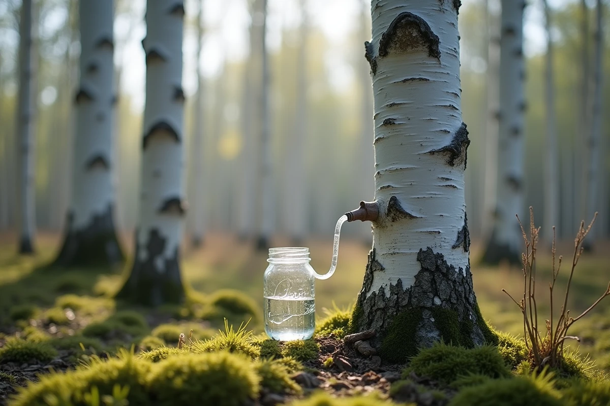 Collecte de sève de bouleau dans une forêt de bouleaux au printemps, bocal en verre et tube de récolte fixés sur un tronc blanc
