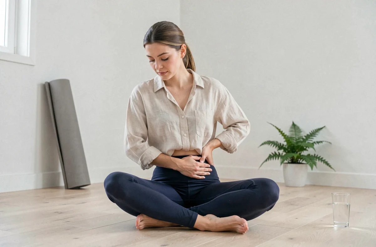 Jeune mère pratiquant des exercices doux de rééquilibrage du bassin chez elle après l'accouchement