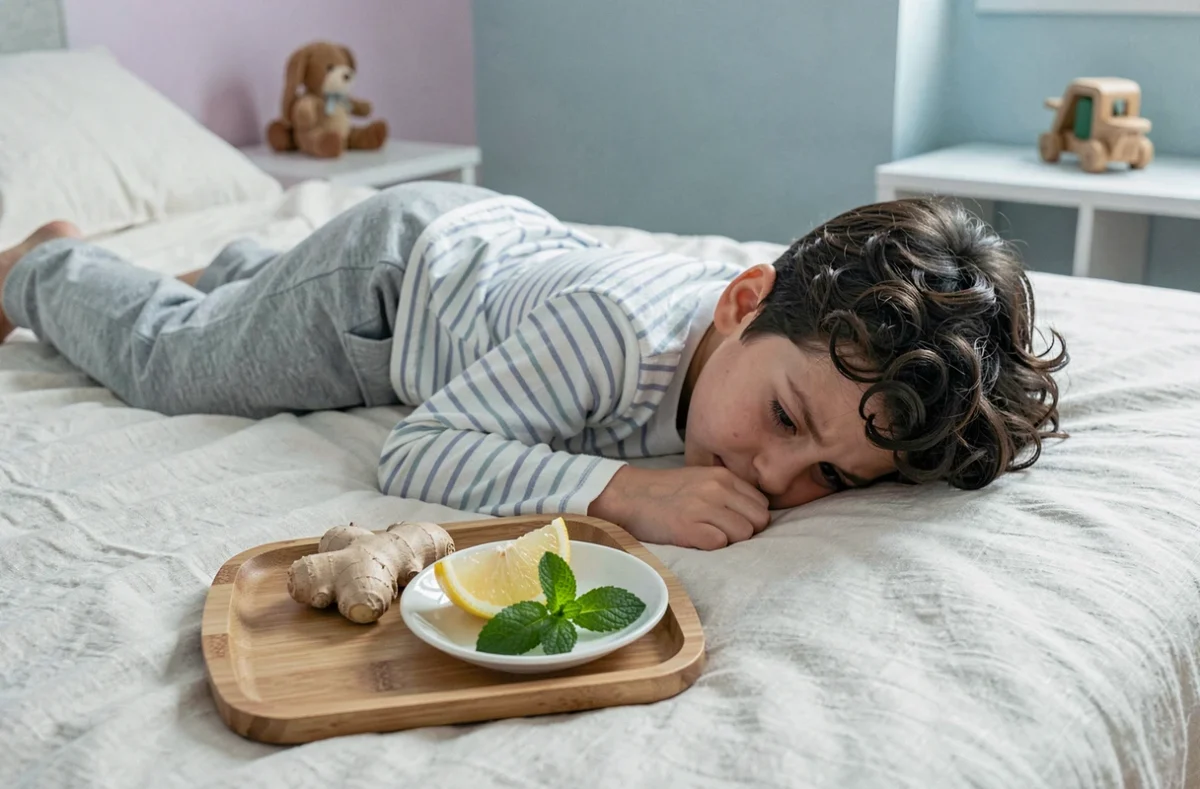 Enfant allongé dans son lit avec un plateau de remèdes naturels contre la nausée incluant gingembre citron et menthe poivrée