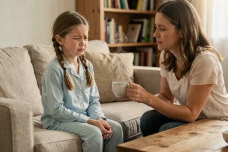 Jeune fille en pyjama sur un canapé recevant une tisane de gingembre contre la nausée, remède naturel pour enfant