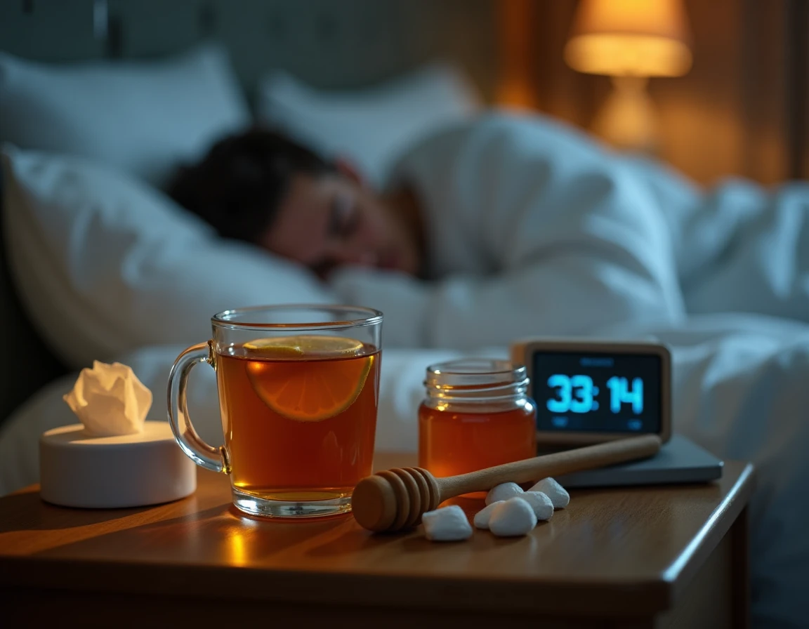 Table de nuit avec remèdes naturels contre la toux nocturne : tisane, miel, pastilles pour la gorge et réveil indiquant 3h du matin