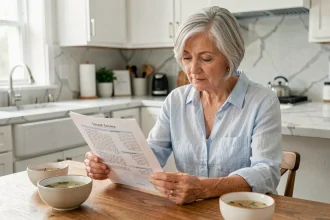 Femme de 50 ans consultant un guide alimentaire médical avant une coloscopie dans une cuisine moderne