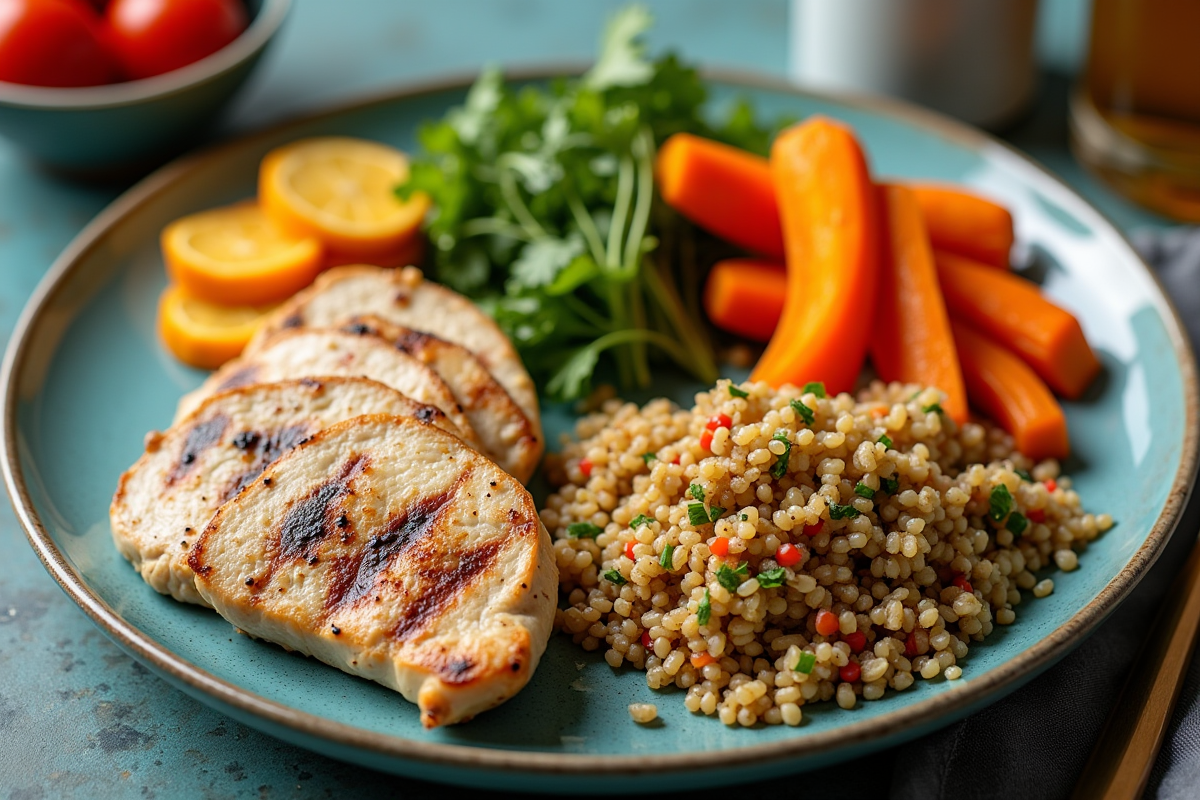 Repas équilibré poulet et légumes colorés