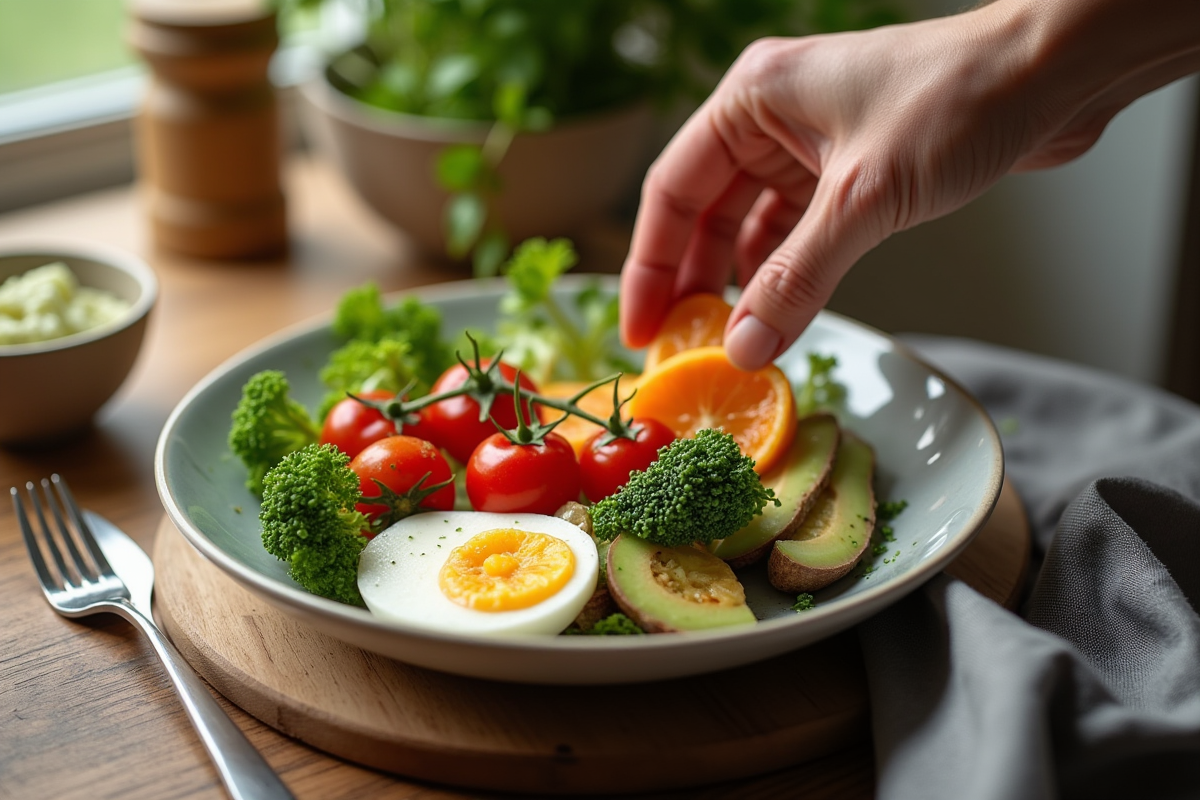 Mains hésitantes vers un repas sain sur la table en lumière naturelle