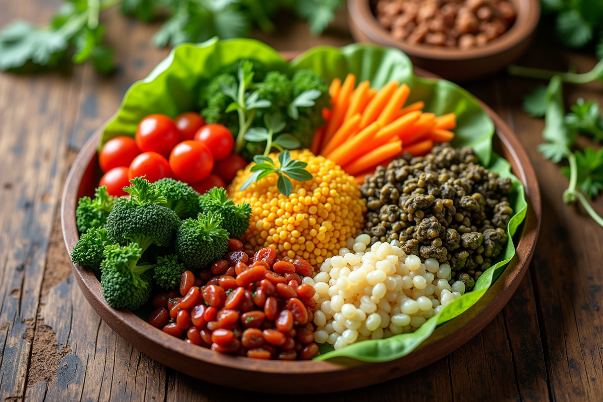 Repas vegan coloré avec légumes et grains sur table