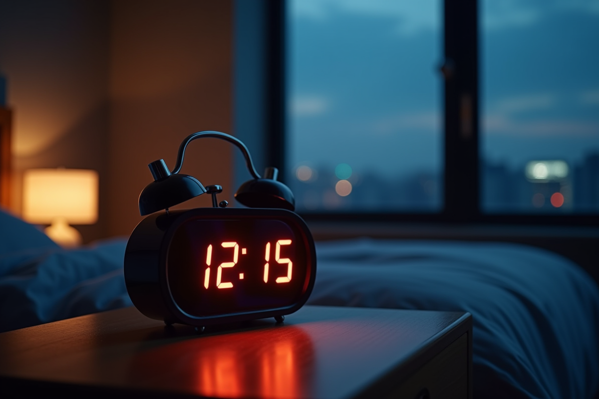 Reveil digital indiquant 12h15 dans une chambre moderne