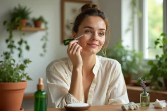 Femme appliquant un sérum botanique naturel devant une coiffeuse en bois entourée de plantes vertes et de produits de beauté écologiques