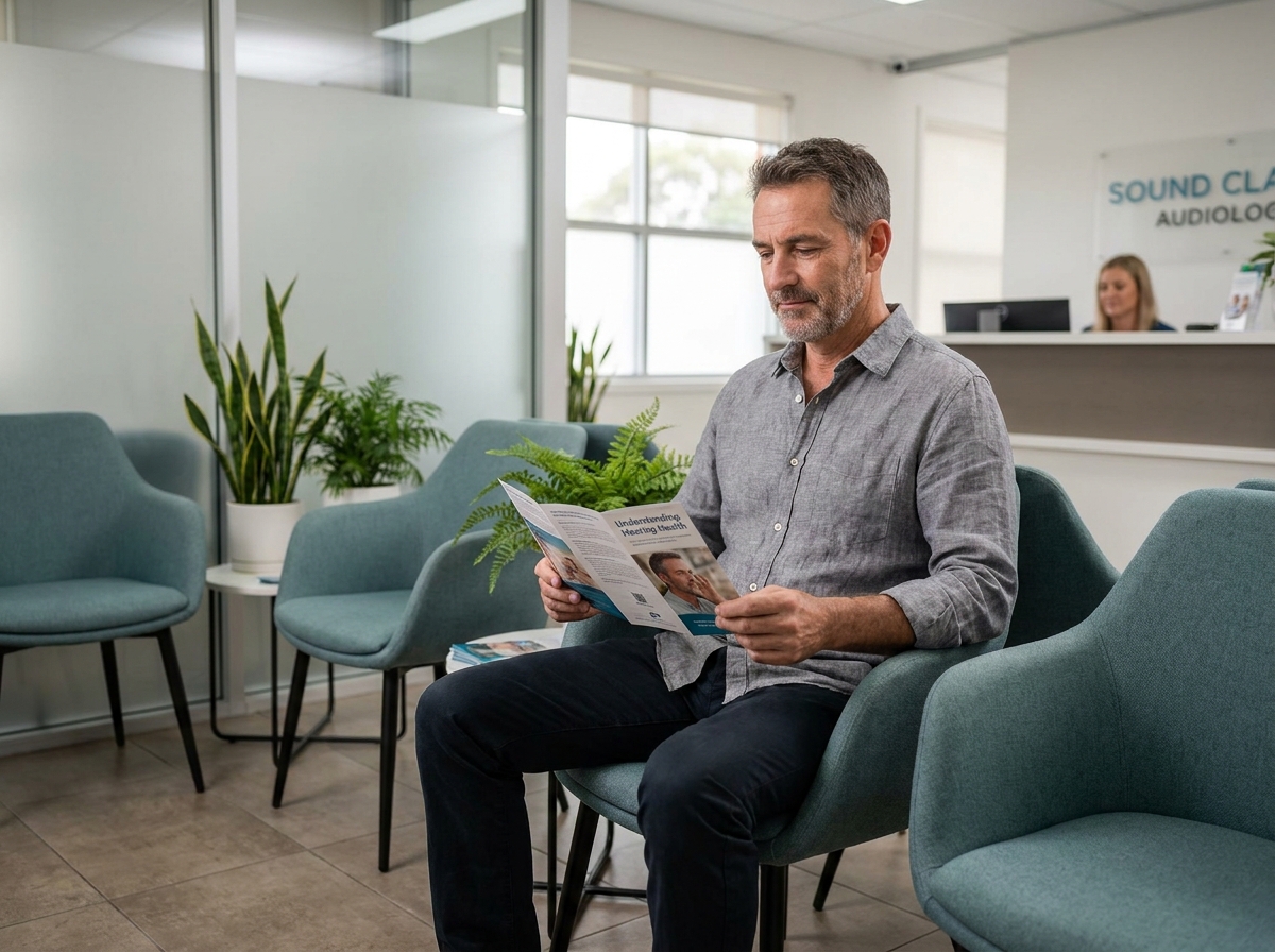Homme d'âge mûr lisant une brochure dans la salle d'attente d'un centre d'audition avant sa consultation