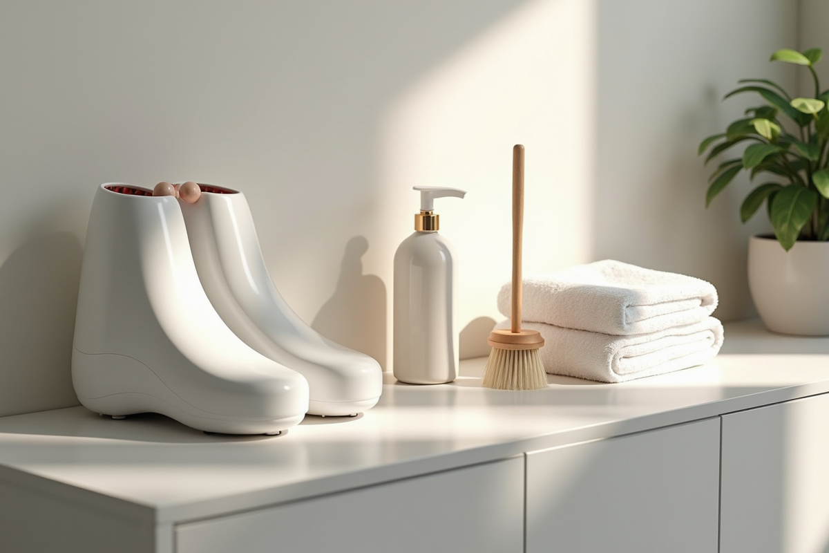 Étagère de salle de bain organisée avec un pied massager et serviettes