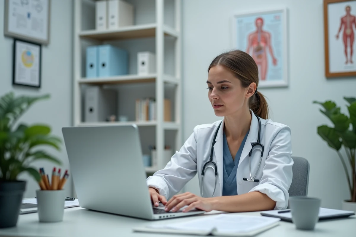 Secretaire medicale au bureau moderne avec ordinateur
