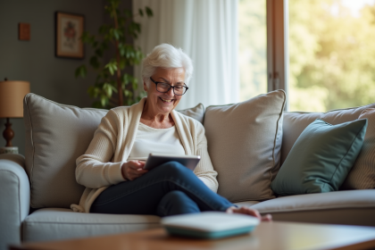Seniore souriante utilisant une tablette à la maison