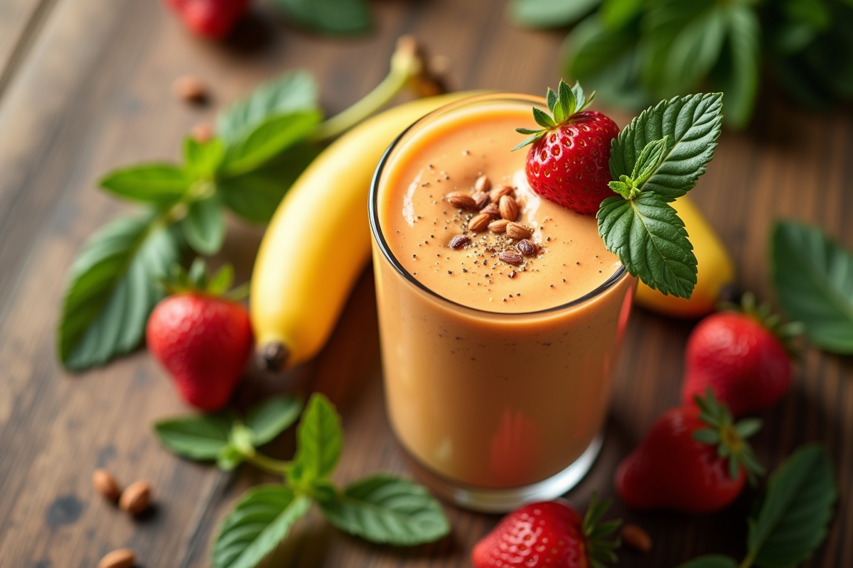 Smoothie sain entouré de fruits frais et feuilles vertes