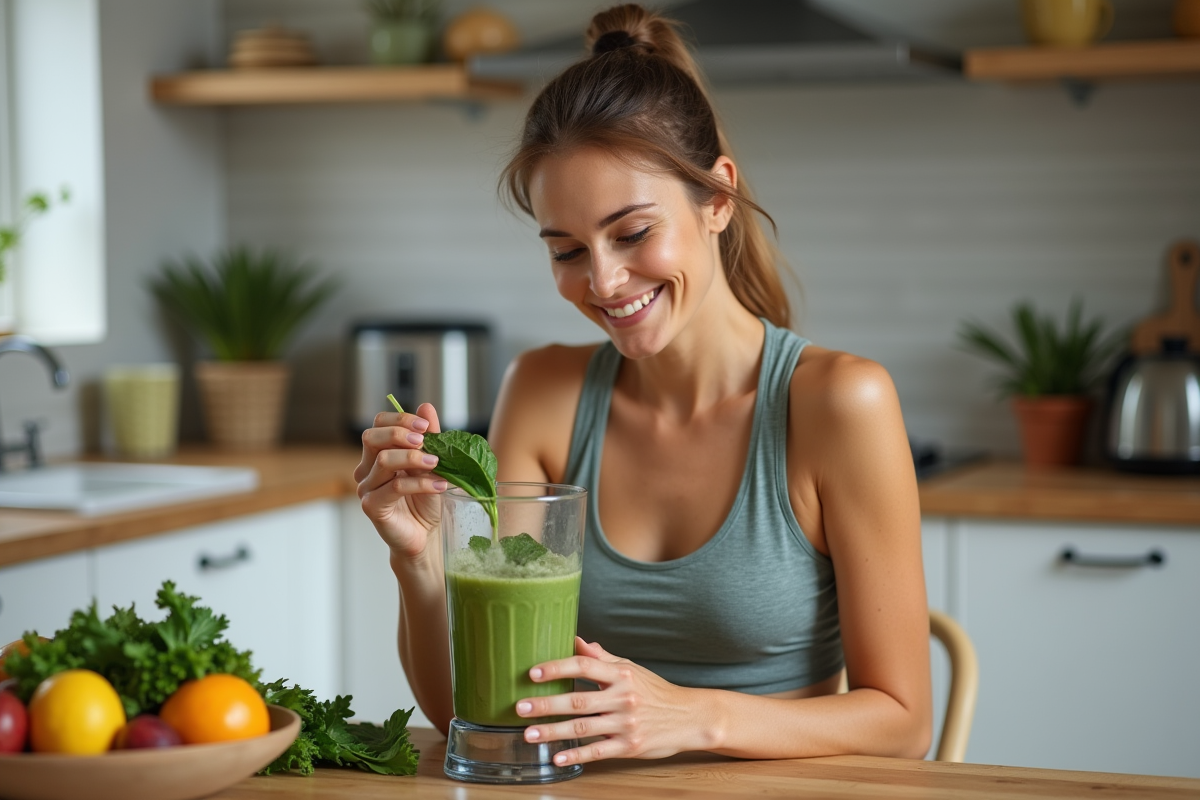 Femme préparant un smoothie vert dans la cuisine moderne