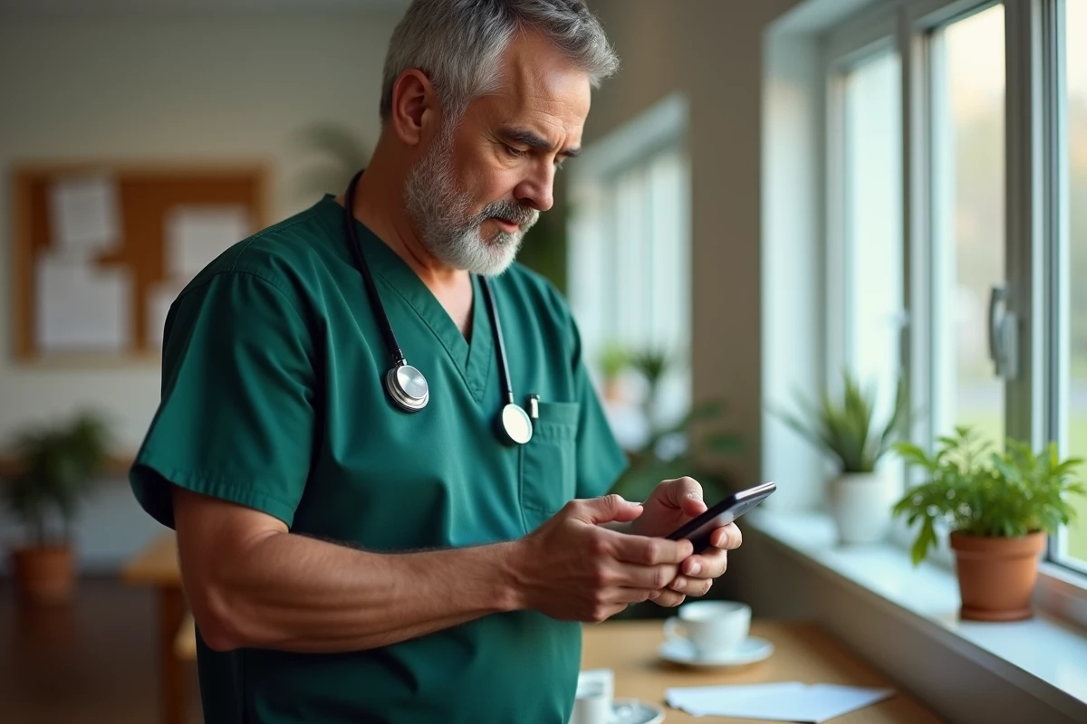 Professionnel de santé consultant C.netsoins sur smartphone dans une salle de pause médicale