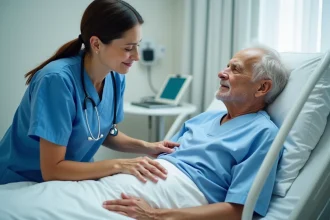 Infirmi&egrave;re en scrubs bleus examinant un patient &acirc;g&eacute;