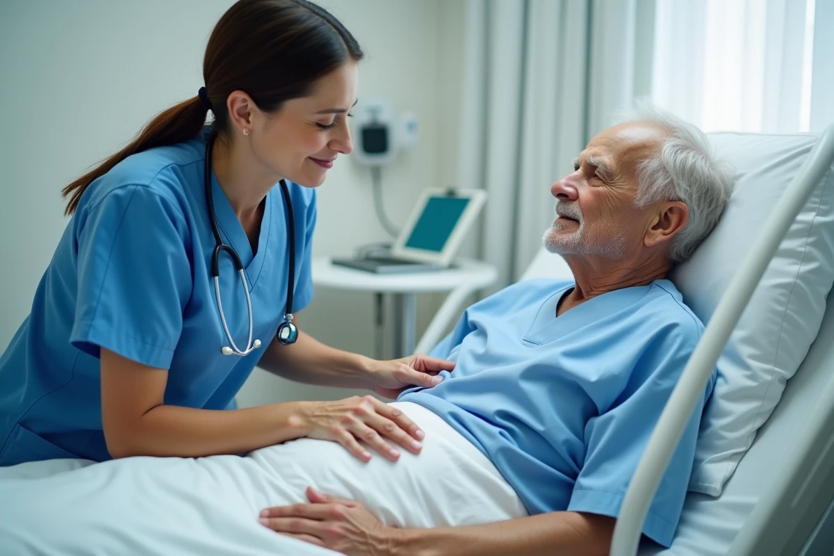 Infirmière en scrubs bleus examinant un patient âgé
