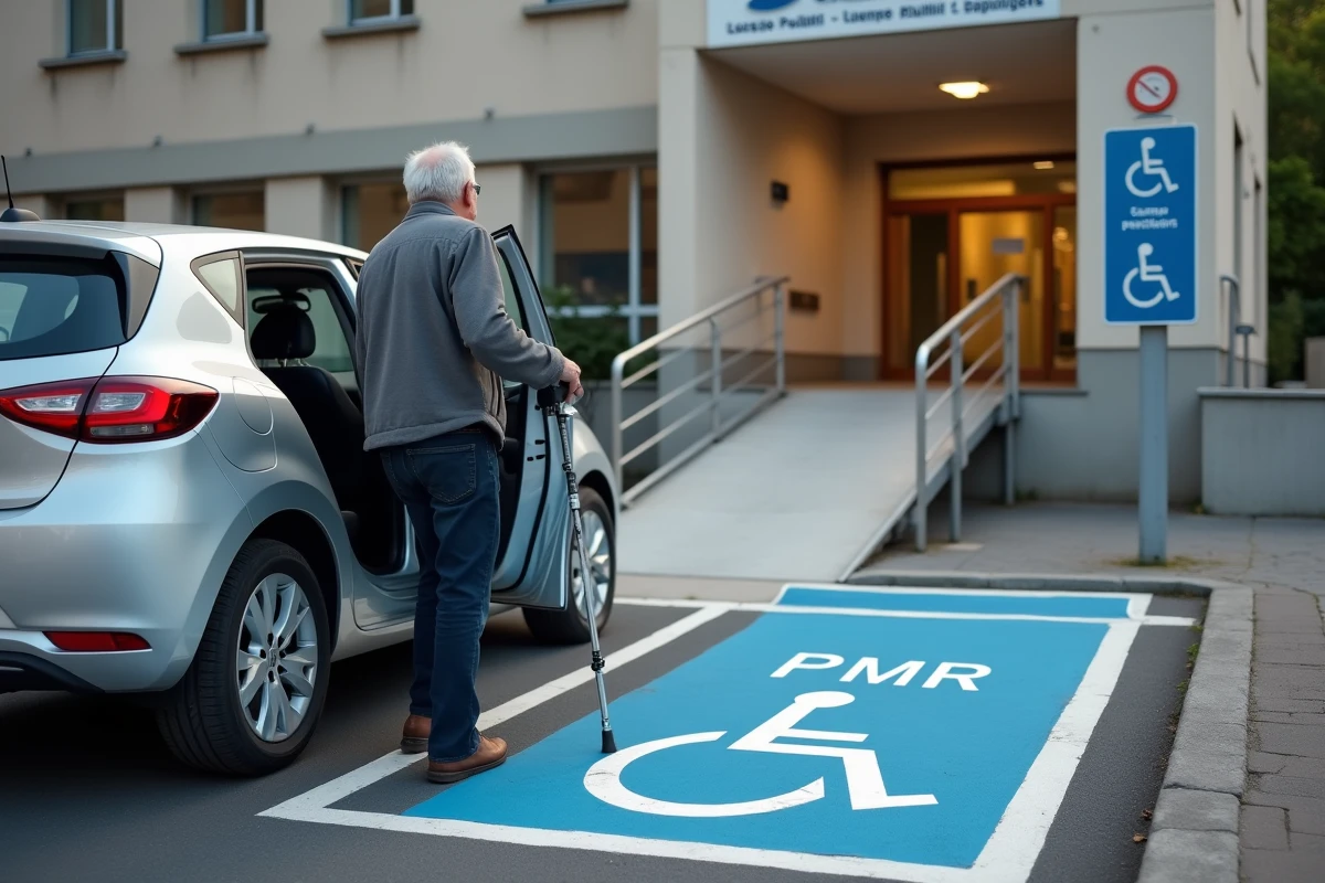 Place de stationnement PMR réservée devant un bâtiment administratif avec rampe d'accès pour personnes à mobilité réduite
