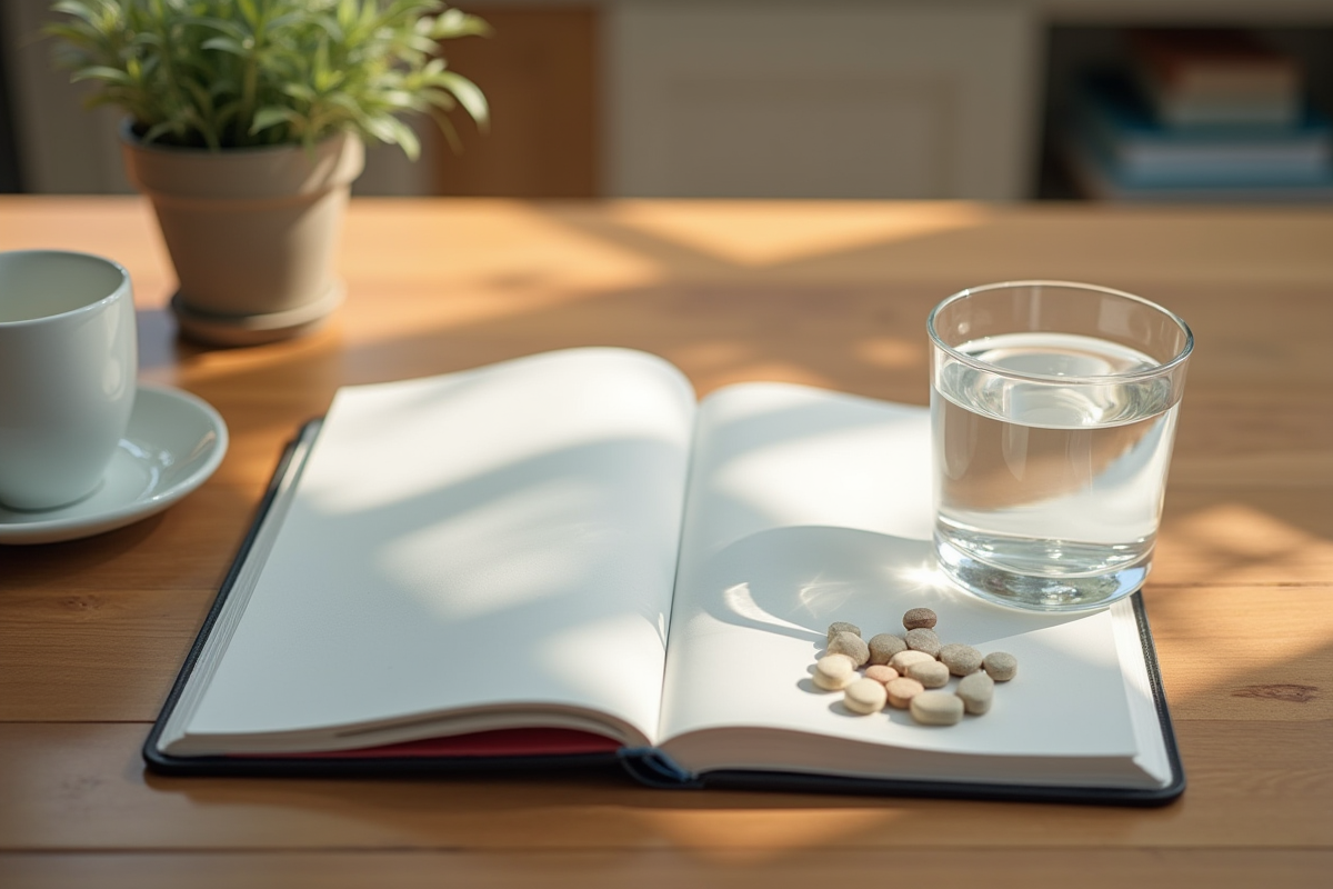 Table de cuisine matinale avec carnet et pilules antihistaminique