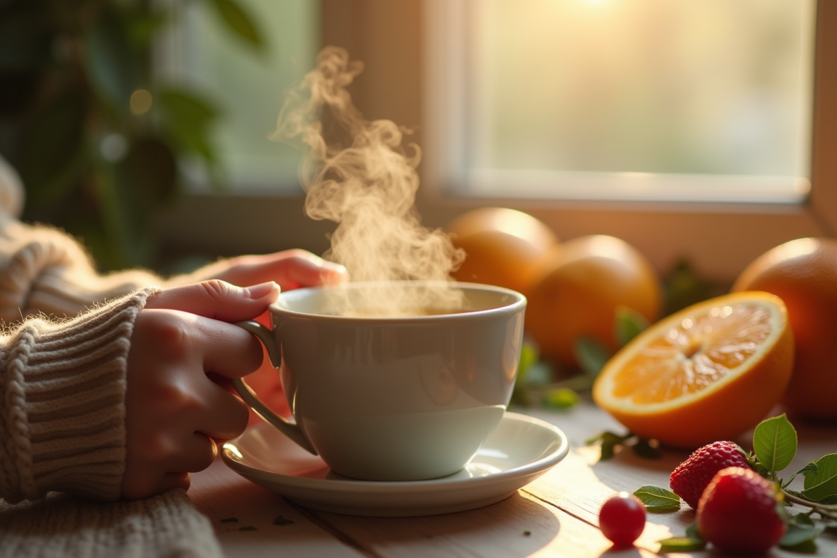 Mains tenant une tasse de thé vert au matin