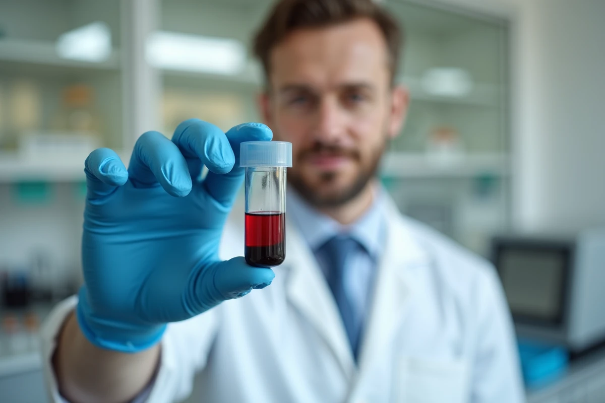 Technicien de laboratoire analysant un tube de sang pour mesurer le taux de LDH