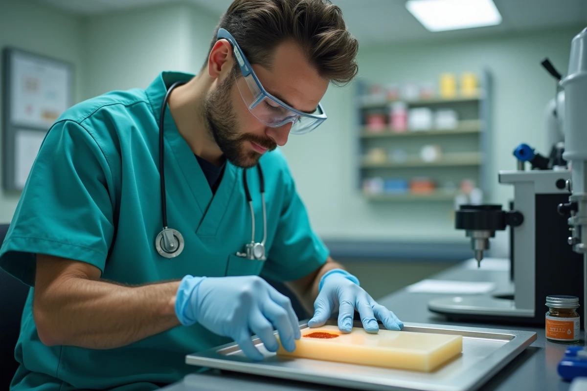 Technicien de laboratoire préparant un échantillon de biopsie cutanée pour inclusion en paraffine en anatomo-pathologie