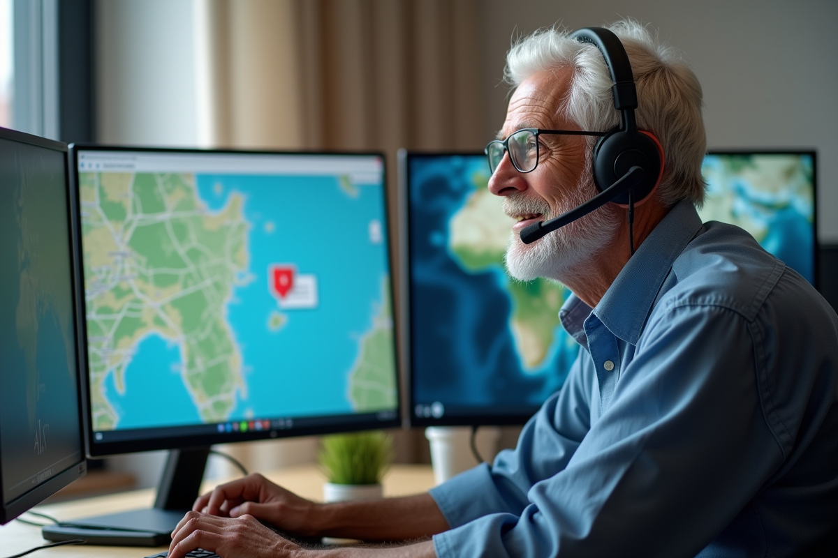 Operatrice de teleassistance parlant en casque avec un senior en visio