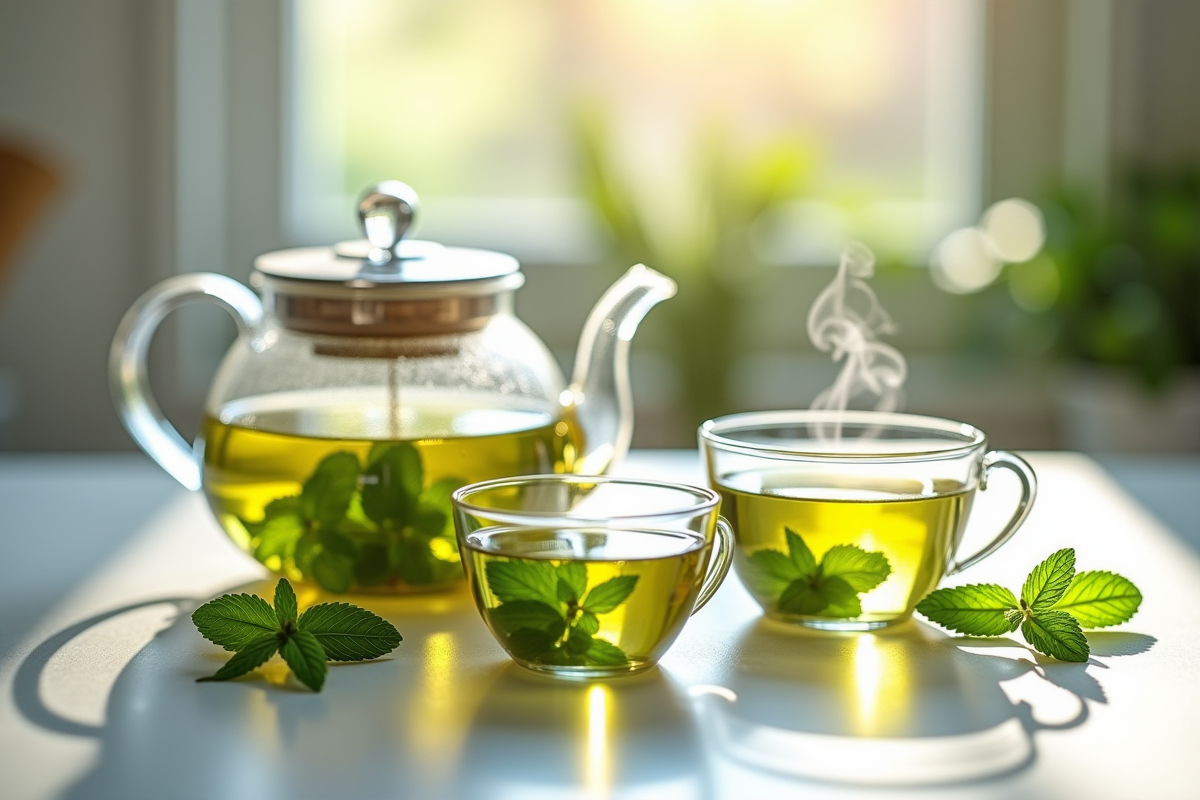 Théière et deux tasses de thé vert avec menthe fraîche