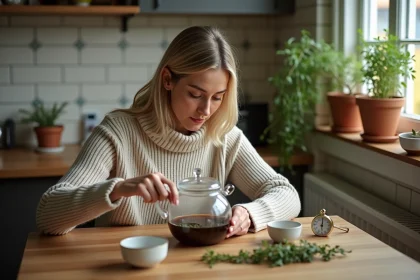 Femme versant de l'eau sur du thym dans une th&eacute;i&egrave;re chaleureuse