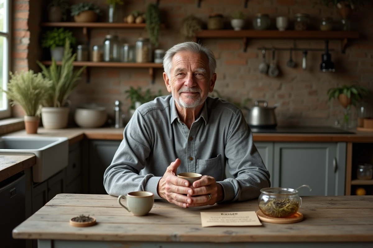 Homme âgé buvant une tisane de plantes médicinales remède de grand-mère pour calmer les douleurs de sciatique, assis dans une cuisine rustique avec des herbes séchées sur la table