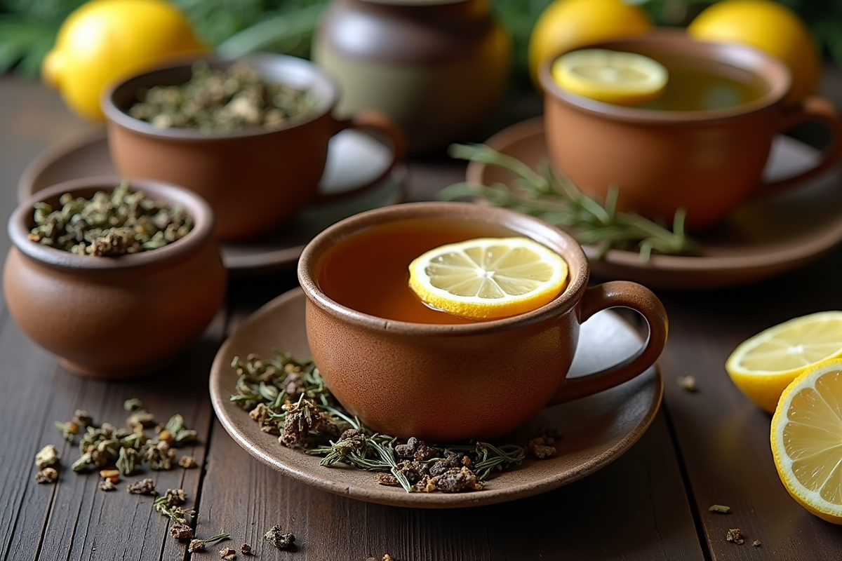 Assortiment de tisanes dans des tasses en céramique rustique