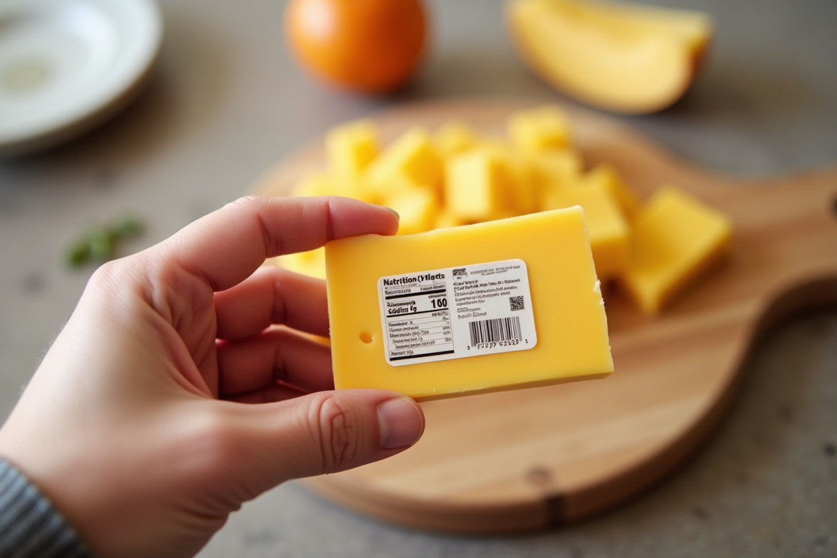 Main tenant une tranche de fromage avec étiquette nutrition visible sur un plan neutre