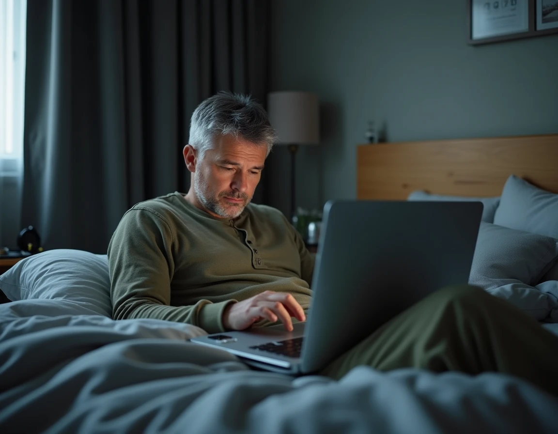 Travailleur de nuit allongé dans sa chambre avec rideaux occultants consultant un calculateur de sommeil sur ordinateur portable