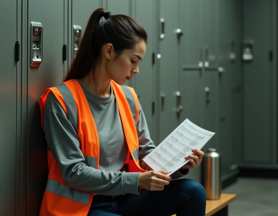 Travailleuse de nuit en entrepôt consultant un planning de sommeil adapté aux horaires décalés