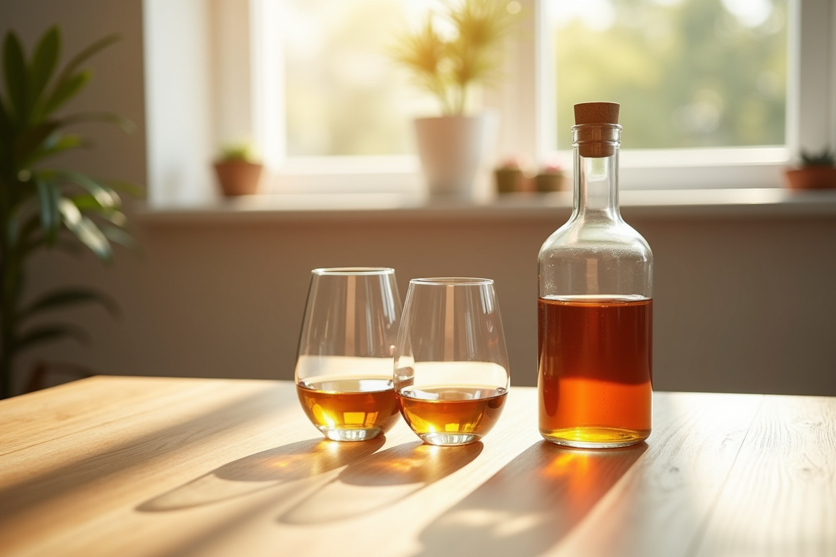 Verres vides et bouteille d'alcool sur une table en bois lumineuse
