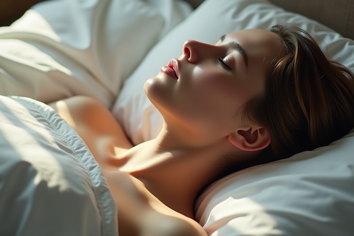 Vue rapprochee du cou et des épaules sur le lit avec oreiller